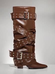 SHUZIA Giày bốt cao đến đầu gối thời trang gợi cảm dành cho nữ có khóa kim loại - Màu nâu Sô-cô-la - Xem 2