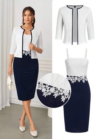 Ellevyn Women's Elegant Lace Patchwork Camisole Dress & Cardigan Two Pieces Set, Suitable For Daily Wear And Multiple Occasions, Autumn Office Outfits For Women Set Two Piece Set Women Elegant Office Dresses For Woman