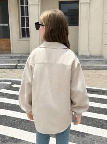 SHEIN 青少年女孩米色燈芯絨翻蓋口袋落肩長袖外套 秋冬休閒街頭風日常穿著夾克 鈕扣開襟襯衫版型 大廓形 - 杏色 - 查看 13