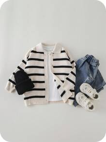 SHEIN 1 pièce Cardigan rayé à manches longues style coréen décontracté pour jeunes garçons, convient pour l'école, les vacances, les saisons d'automne et d'hiver