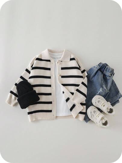 SHEIN 1pc Young Boys Casual Stylish Korean Striped Long Sleeve Cardigan Sweater, Suitable For School, Vacation, Autumn And Winter Seasons