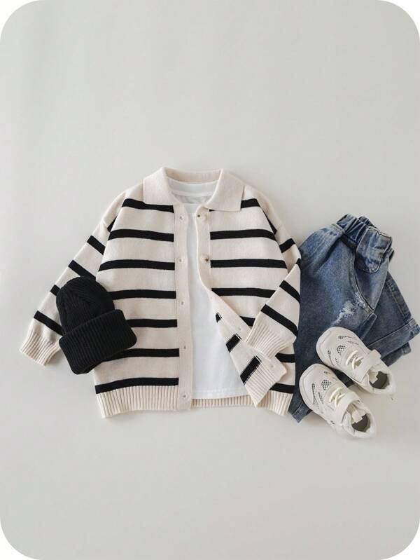 SHEIN 1 件装年轻男孩休闲时尚韩版条纹长袖开衫毛衣，适合上学、度假、秋冬季节