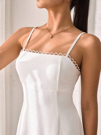 CLARA VERO Women's Elegant Lace Trim Solid Color Slit Hem Fitted Long Dress, Versatile For Summer