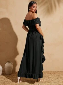 Vixey Off Shoulder Layered Ruffle Hi-Low Woven Top, Summer Tops, Spring, Summer, Boho, St Patrick Day, Country Concert, Beach Cover Up Women - Black - View 5