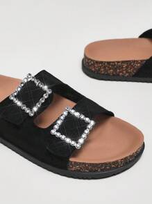 Solezae 女士经典双带扣绒面革黑色 AZ 软木鞋床凉鞋 - 闪亮水钻扣，优雅、防滑、舒适 - 黑色 - 查看 3
