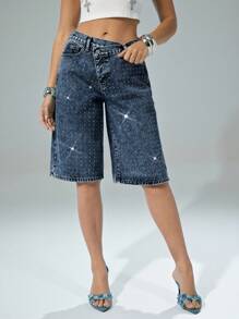 Denimoi Quần short denim Capri cạp chun chồng lên nhau đính đá giả kim cương, quần short denim thời trang cho buổi hòa nhạc mùa hè - Rửa tối - Xem 2
