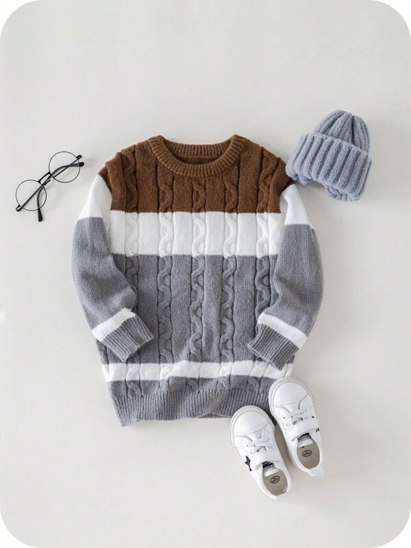 1 pieza Suéter de cuello redondo acanalado, casual, cómodo, de moda y versátil, para niños pequeños, adecuado para la escuela, al aire libre, deportes, otoño/invierno