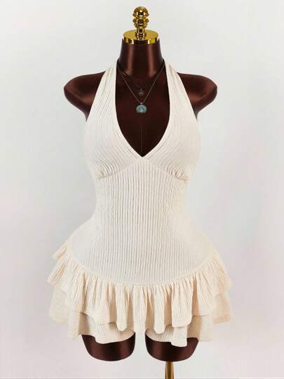 Amplova 大码女式深V领荷叶边下摆连体裤