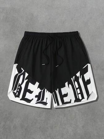 Street Life Pantalones cortos casuales sueltos con estampado de letras y cordón en la cintura para hombres