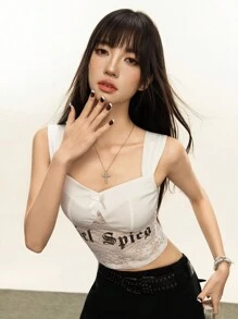 Rina Fox Camiseta de tirantes con estampado de letras y parches de encaje, estilo Y2K baddie - Blanco - Ver 4