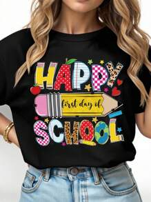 SHEIN LUNE 大码女式夏季口号和铅笔印花宽松休闲短袖 T 恤，背面上衣，适合学校，适合老师 - 黑色 - 查看 4