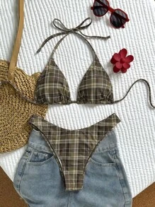 Swim Mod 女士夏季沙滩格纹露背性感比基尼泳装套装