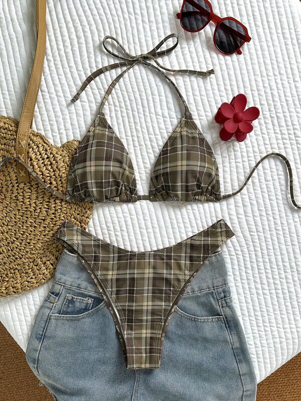 Swim Mod Women's Summer Beach Plaid Halter Tie Sexy Bikini Swimsuit Set