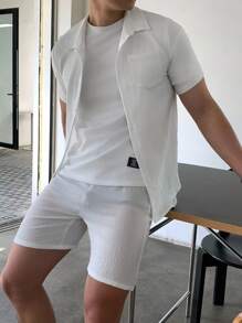 SHEIN 2pcs Teen Boys' Casual Comfy Knit Texture Short Sleeve Shirt & Shorts Set, Spring Wear - White - View 4