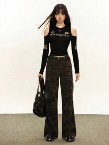 Rina Fox Women's Letter Print Hollow Out Round Neck Casual Long Sleeve Top Fall Cloth For Women - Black - View 5