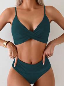 女士夏季沙灘泳衣純色交叉領口比基尼套裝 - 墨綠色 - 查看 1