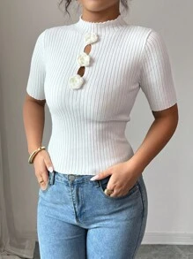 Rafferiza Fitted 3D Floral High Neck Flared Sleeve Knit Top White Knit Top White Top Women - Beige - View 4