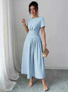 Elenzga 女士优雅纯色休闲通勤商务下午茶派对 A 字短袖连衣裙，春夏 - 藍色 - 查看 7