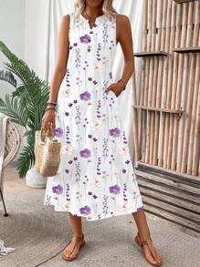 EMERY ROSE Women's Casual Vacation Sleeveless V-Neck Printed Knit Maxi Dress