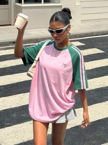 Muchica Camiseta de manga corta suelta y vintage con bloques de color para mujer