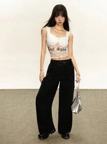 Rina Fox Camiseta de tirantes con estampado de letras y parches de encaje, estilo Y2K baddie - Blanco - Ver 3