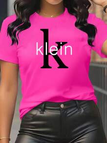 Maweii Áo sơ mi nữ cổ tròn tay ngắn thời trang với họa tiết tinh tế và logo "K" đẹp mắt, làm từ áo phông cổ tròn thoải mái, thích hợp mặc hàng ngày vào mùa xuân và mùa hè - Màu Hồng Tươi - Xem 1