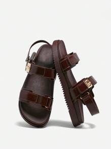 Solezae Sandalias con plataforma de 3 cm para mujeres con tira, acabado brillante de PU color café - Acento dorado y cojín acolchado Primavera 2025 | Sandalias de lujo con hebilla ajustable