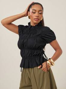 Vixey 100% Cotton Bowknot Gathered Mock Neck Short Sleeve Woven Top, Business Casual Women, Office For Women, Work Women, Spring Tops, Summer Tops, Fall Women, Fall, Autumn, Going Out Tops Women - Black - View 3