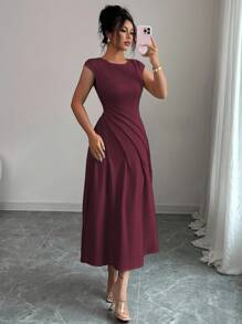 Selianne Rochie elegantă pentru femei, stil francez, romantică, cu talie căzută, plisată, primăvară/vară - Maro - Vizualizare 5
