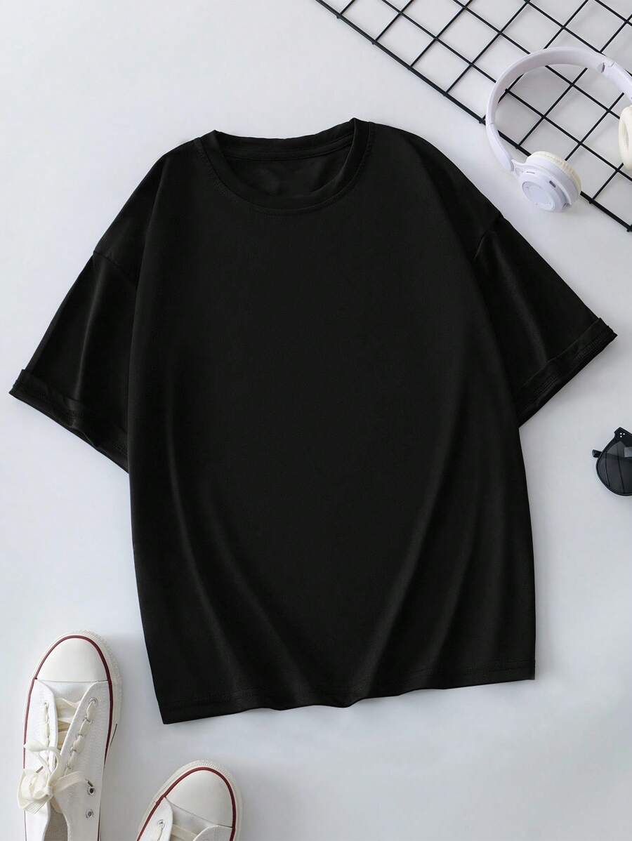 INAWLY Solid Round Neck Tee - Black - View 1