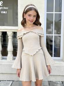 SHEIN 青少年女孩针织罗纹单肩不对称摆动修身上衣和高腰 A 字裙休闲套装 - 杏色 - 查看 14