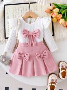 SHEIN Playful Pals 2pcs Baby Girls' White Textured Knit Long Sleeve Top And Pink Corduroy Skirt Set, Cute And Sweet Outfit For Toddlers Pink Bow Baby Dress Babygirl Skirt Sets 2pcs Set Toddler Girls Cute Vintage Style Baby Girl Skirt Set Toddler Girl Clothes With Bows Fall Winter