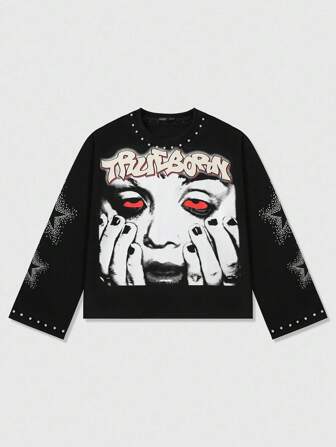 Street Life Camiseta de manga larga con estampado para hombre, corte holgado y acortado