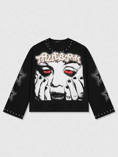 Street Life Camiseta de manga larga con estampado para hombre, corte holgado y acortado