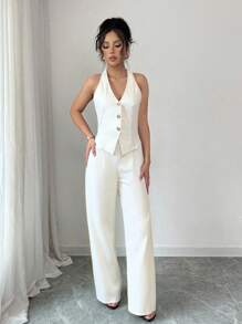 Elenzga 女式夏季单排扣吊带背心和裤子两件套 - 杏色 - 查看 3