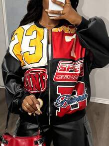 Slaydiva 2025 New Early Autumn Casual Street College Style Retro Daily Dating Digital Slogan Logo Yellow And Red Ball Pattern Loose Ball Jacket Baseball Jacket Front Center Metal Zipper Knitted And Black PU Drop Shoulder Long Sleeve Women's Jacket-A