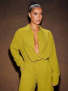 Hauture Áo sơ mi vải lanh nhăn trơn phong cách Boho mùa hè - màu xanh lá - Xem 5