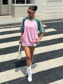 Muchica Camiseta de manga corta suelta y vintage con bloques de color para mujer