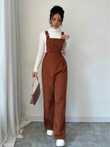 Selianne Bộ đồ liền thân vải nhung kẻ đơn giản dây rộng màu trơn dành cho nữ, trang phục thường ngày - màu nâu - Xem 5