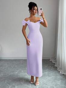 Elenzga 女士优雅无袖长裙，蝴蝶结装饰，休闲通勤、度假、下午茶、派对，纯色，法式浪漫西西里风格，春夏 - 淡紫色 - 查看 7