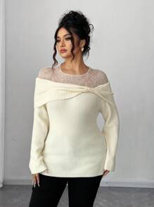Elenzga Maglione elegante da donna taglie forti con lavorazione a maglia a contrasto e nodo, autunnale - Beige - Visualizzare 4