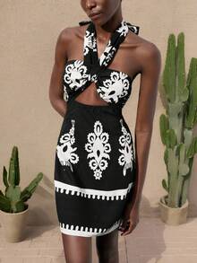 Maija Damen Herbst Twist Neckholder figurbetontes Urlaubskleid mit Blume Muster, Hohlwaise, elastischer Seitenreißverschluss, elegantes Boho Beach Resort Minikleid - Schwarz - Übersicht 3