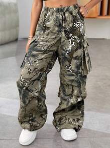 SHEIN Young Girl Chiffon Ditsy Floral Loose Casual Pants Girls Camo Pants Girls Cargo Pants Camo Cargo Pants Girls Printed Cargo Pants Girls Wide Leg Cargo Pants Fall Winter