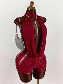 Amplova 网眼深垂领露背 PU 拼接紧身连衣裤 - 紅色 - 查看 4