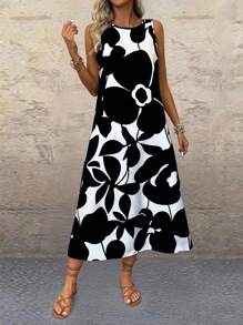 SHEIN LUNE 女式无袖印花宽松长款连衣裙 - 黑色 - 查看 4