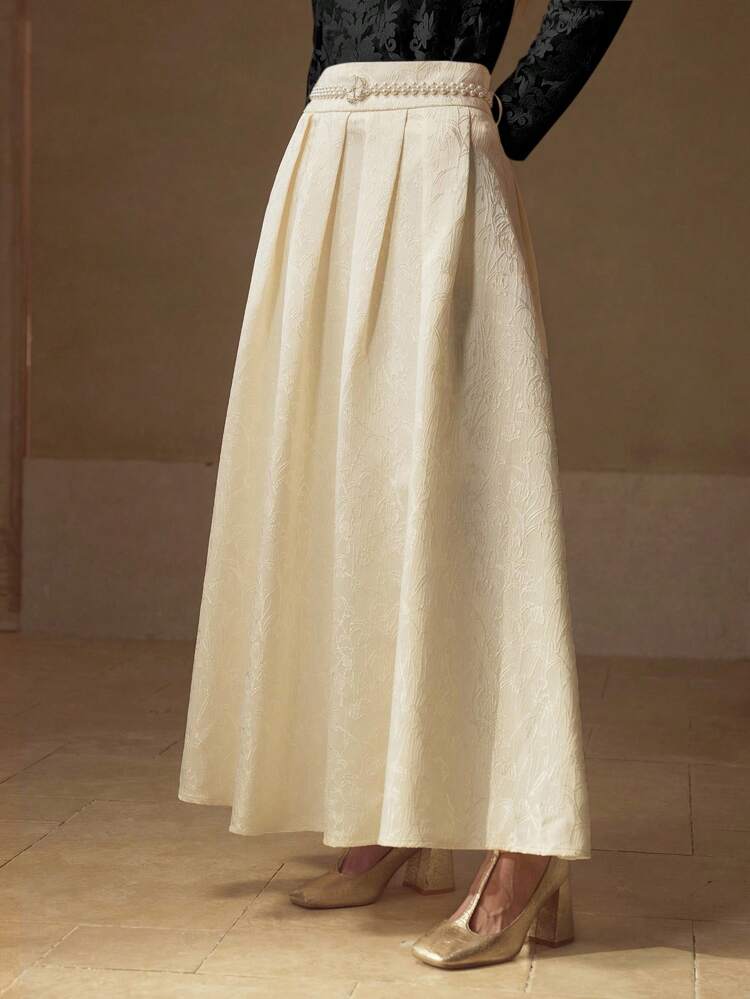 FOLD PLEATED FAUX PEARL DETAIL SKIRT