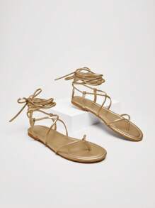 SHUZIA Metallic Vegan Leather Toe-Loop Lace-Up Sandals Holiday Vacay Vibe For Summer Shoes Spring Shoes Spring Break Easter Vacation Shoes Casual Shoes Beach Shoes Mother's Day Present