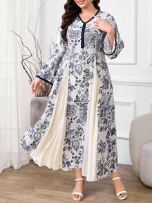 Al Najma 大码女式全印花V领优雅长袖阿拉伯风长裙 - 藍白色 - 查看 6