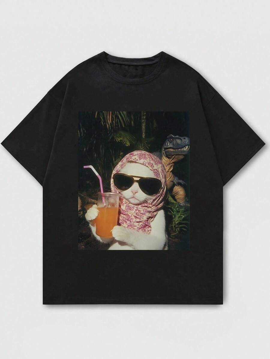 SHEIN Manfinity Dauomo 休闲时尚印花百搭夏季圆领短袖男士T恤 - 黑色 - 查看 1