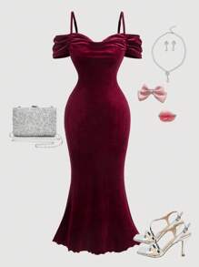 SHEIN Serisse Kids 少女优雅纯色酒红色露肩荷叶袖修身美人鱼长裙，圣诞礼服，化装舞会礼服，红色连衣裙，仙女裙，圣诞派对礼服